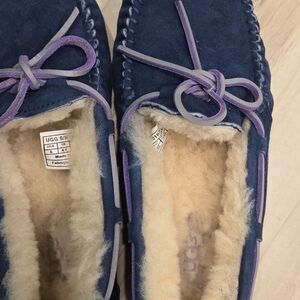 UGG Navy Suede Moccasins with Purple Trim